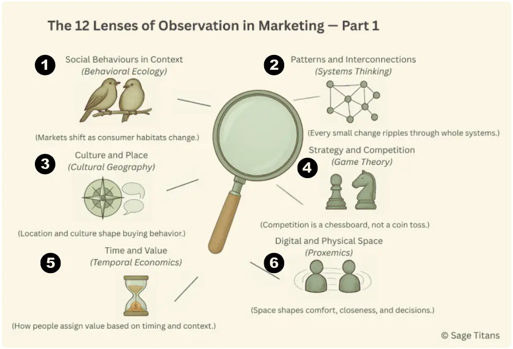 Behavioral ecology, cultural geography, temporal economics, systems thinking, game theory, and proxemics as marketing lenses