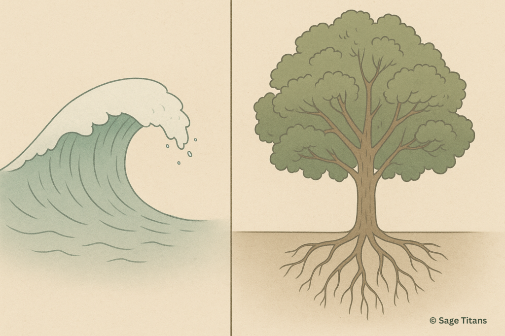Illustration of a crashing wave beside a rooted tree, symbolizing short trends versus lasting observation.