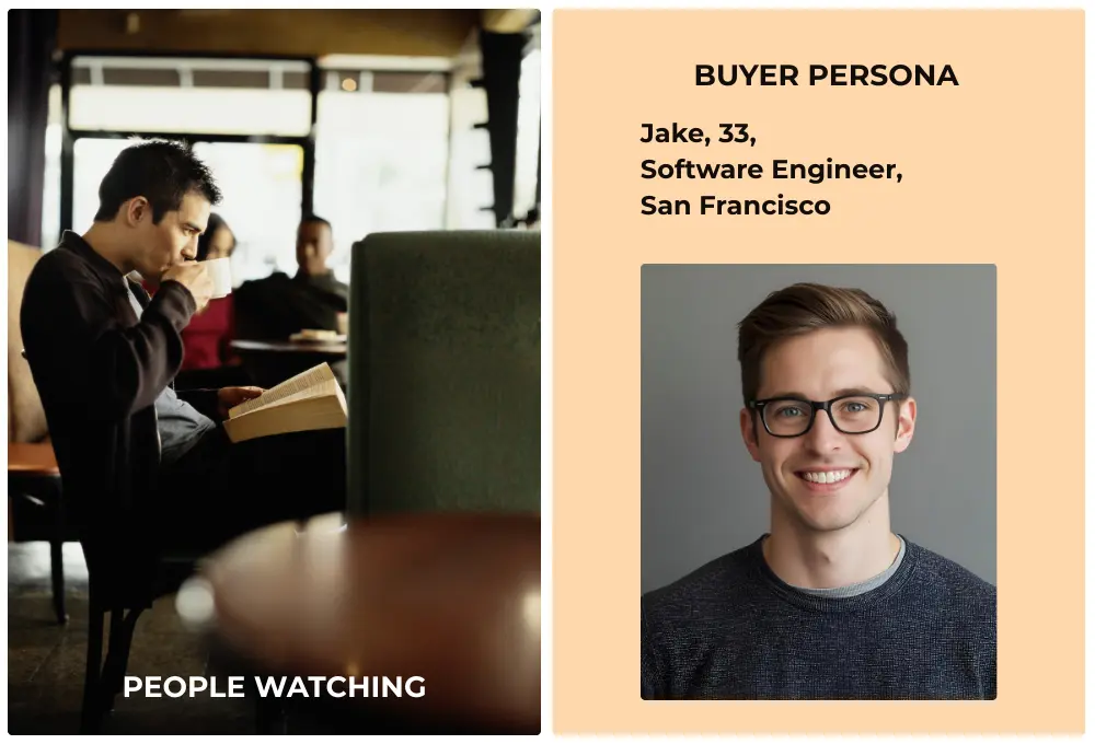 Illustration contrasting a man in a café, people-watching, versus a buyer persona profile on a clipboard.