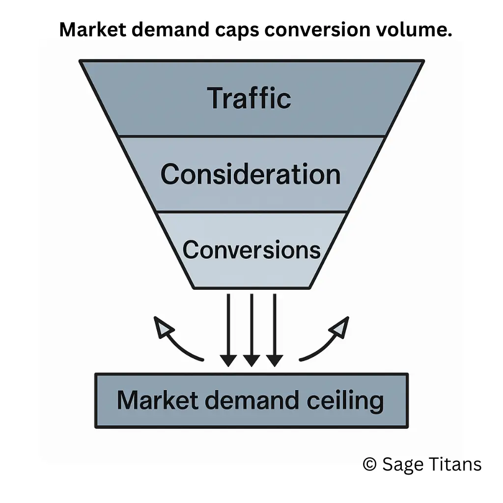 Marketing funnel capped by market demand, where extra Google Ads traffic cannot drive more incremental conversions.