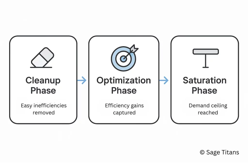 Diagram of Google Ads optimization stages moving from cleanup to efficiency improvements and performance plateau.