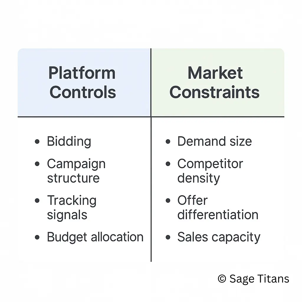 Comparison of Google Ads platform controls versus market constraints showing why optimization cannot overcome limits