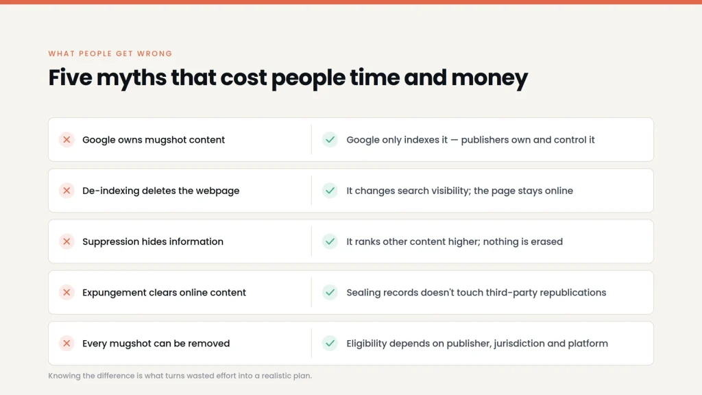 Five myths about mugshot removal paired with corrections, covering Google's role, de-indexing, suppression, expungement and removal eligibility