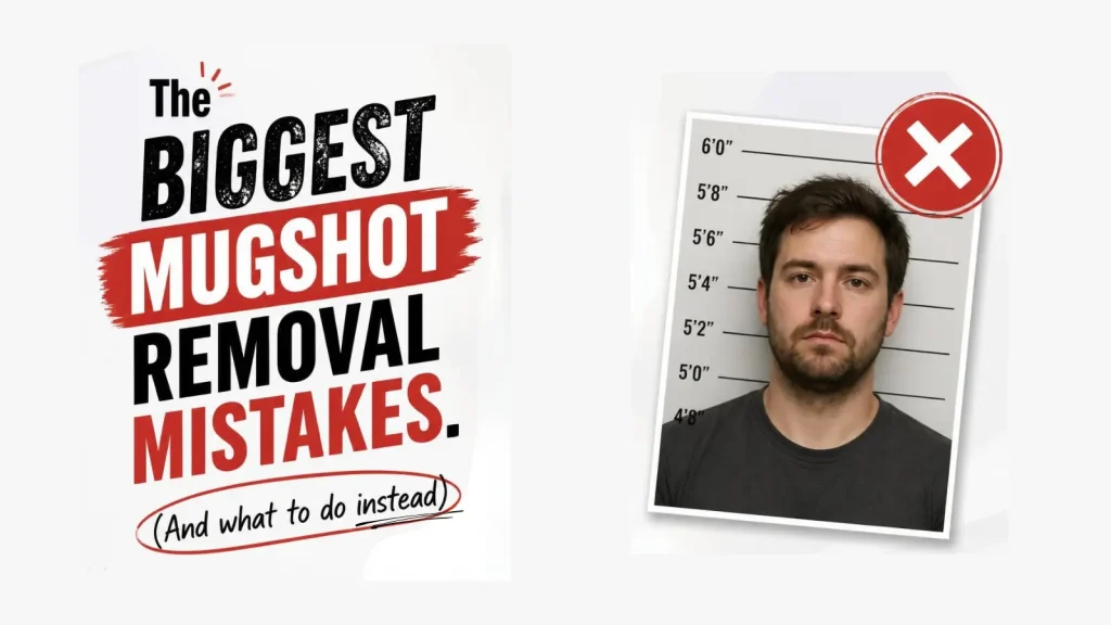 Header illustration of a booking photo marking common mugshot removal mistakes