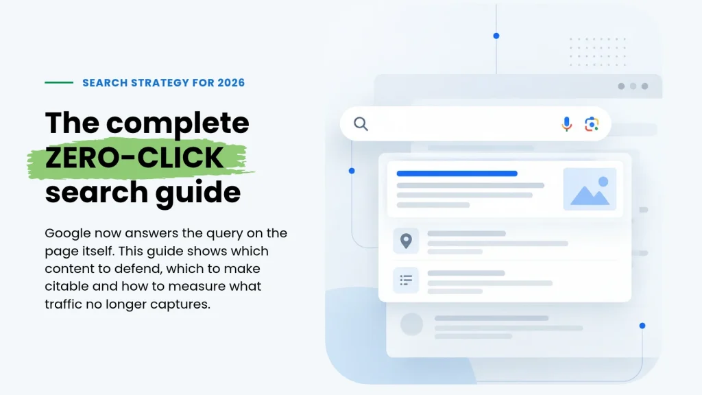 The complete zero-click search guide, illustrated by a Google search results page showing a featured answer, image result, and list results that keep users on the page.