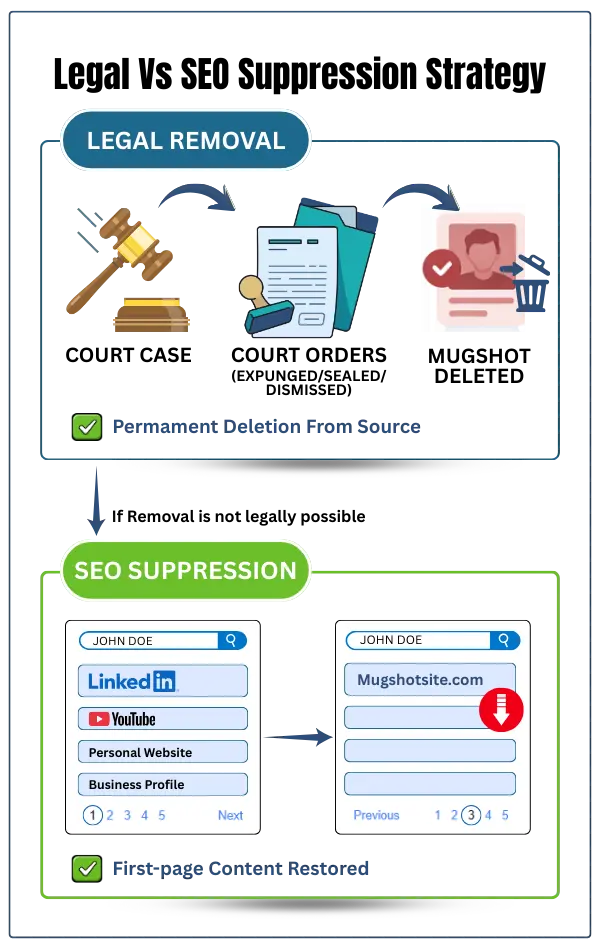 Legal Mugshot Removal vs SEO Suppression Strategy Comparison